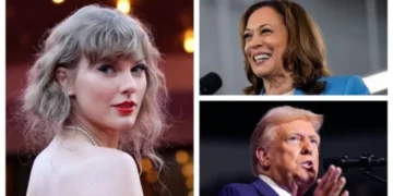 A composite image featuring three individuals: a woman with long wavy hair on the left, a smiling woman speaking from a podium at the top right during the 2024 presidential election, and a man speaking into a microphone at the bottom right.