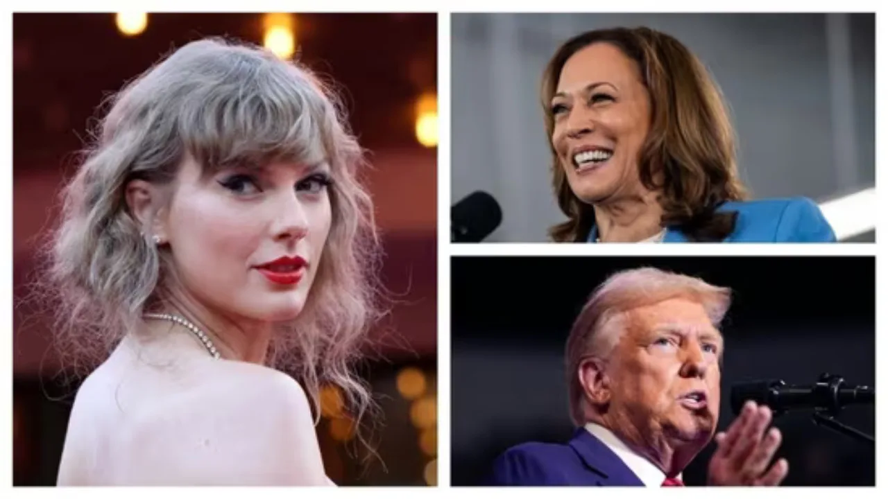 A composite image featuring three individuals: a woman with long wavy hair on the left, a smiling woman speaking from a podium at the top right during the 2024 presidential election, and a man speaking into a microphone at the bottom right.