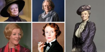 A collage of five photos featuring Dame Maggie Smith in different attires, including a formal suit, vintage dress, casual outfit, and two costumes involving hats, pays tribute to her remarkable legacy.
