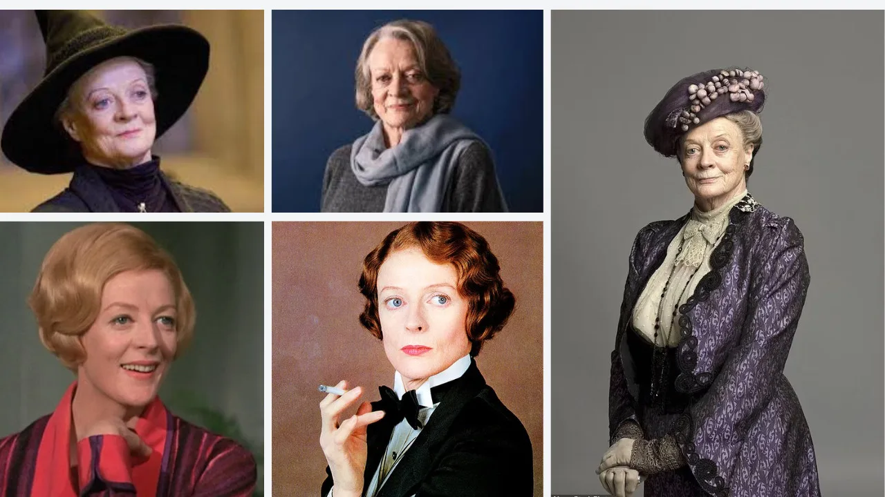 A collage of five photos featuring Dame Maggie Smith in different attires, including a formal suit, vintage dress, casual outfit, and two costumes involving hats, pays tribute to her remarkable legacy.