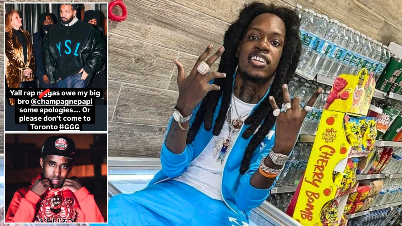 Julio Foolio in a blue tracksuit posing with hand gestures and adorned with jewelry. To the left, there are two inset images showing Drake and top 5 from Canada accompanying text about apologies, Toronto, and an Instagram fact check post by Foolio.