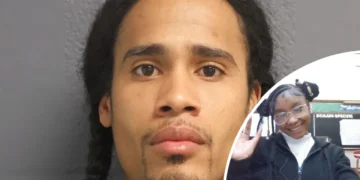 A man with braided hair and a goatee is shown in a mugshot, relating to the Detroit man charged in the death of a 13-year-old. In the foreground, a smaller circular image of a woman wearing glasses, waving and smiling from January.