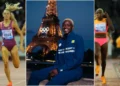 Three images: Shafiqua Maloney running, and sitting with the Eiffel Tower in the background; right, a woman celebrating after a race.