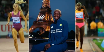 Three images: Shafiqua Maloney running, and sitting with the Eiffel Tower in the background; right, a woman celebrating after a race.