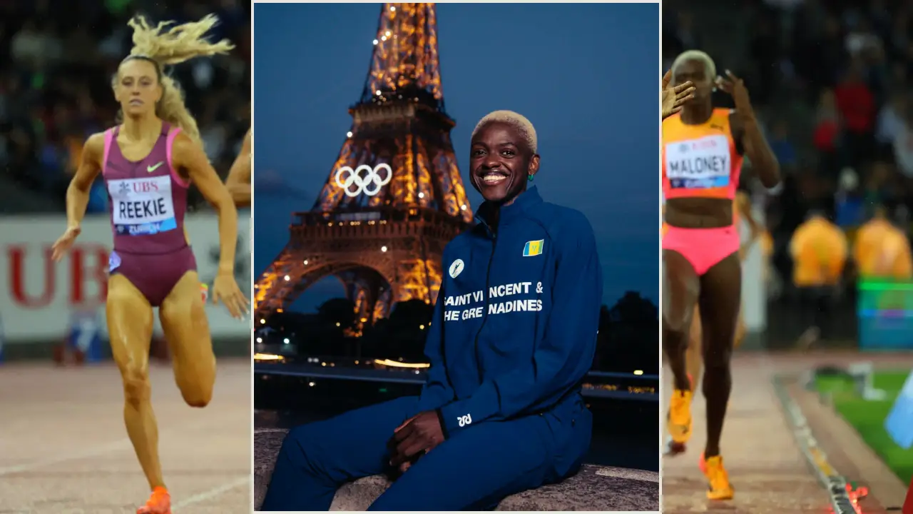 Three images: Shafiqua Maloney running, and sitting with the Eiffel Tower in the background; right, a woman celebrating after a race.