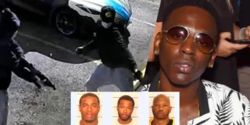 Surveillance footage shows a suspect near a car; insets display police mugshots of three men. A separate image depicts an individual wearing glasses and a patterned shirt, with speculations arising around the involvement in the murder trial surrounding Young Dolph.