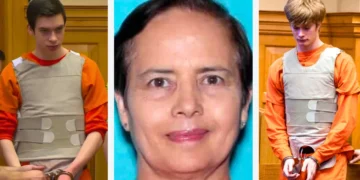 Three individuals in three separate images: two young men, connected to a high school teacher's murder and each facing a 35-year sentence, are seen in orange prison uniforms and handcuffs on the left and right. A middle-aged woman's portrait is centered, evoking the case that reached the Iowa Supreme Court.