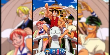 On the ship's deck, a lively group of animated characters from One Piece stand and smile. In the foreground, a beige seal-like figure greets viewers. The backdrop highlights a large mast, setting the scene for the thrilling Egghead Arc as anime updates unfold.