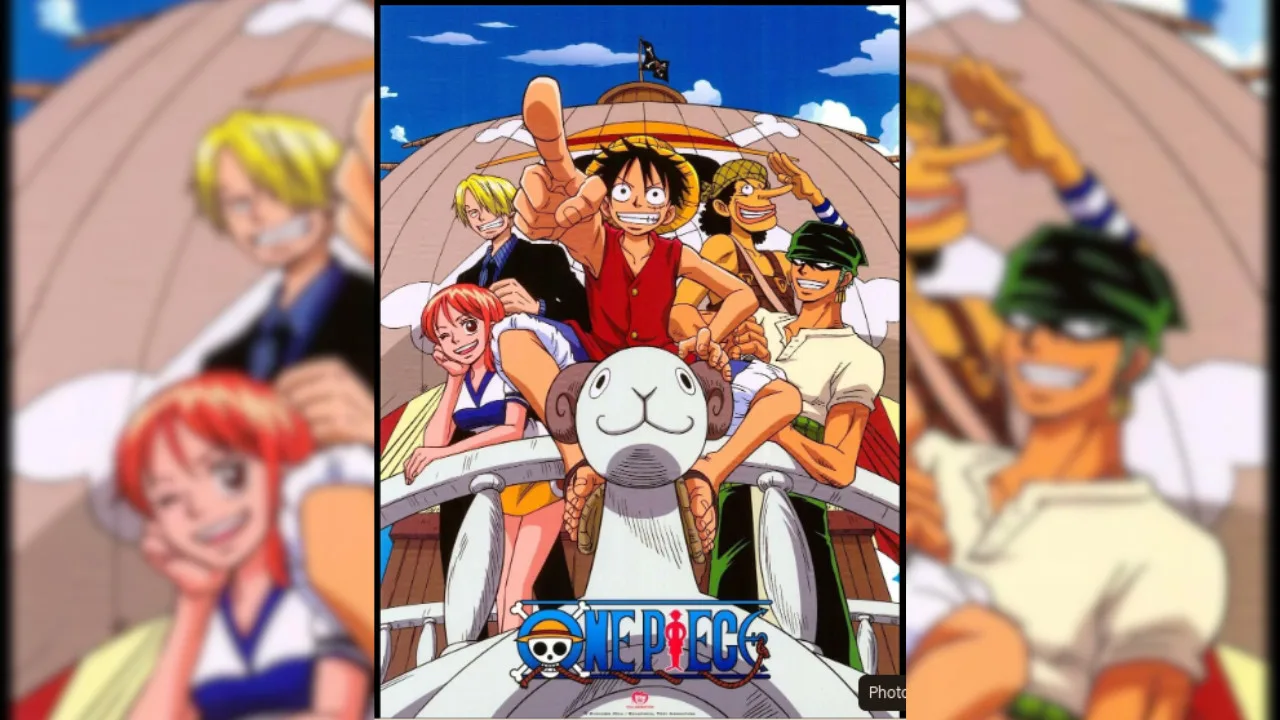 On the ship's deck, a lively group of animated characters from One Piece stand and smile. In the foreground, a beige seal-like figure greets viewers. The backdrop highlights a large mast, setting the scene for the thrilling Egghead Arc as anime updates unfold.