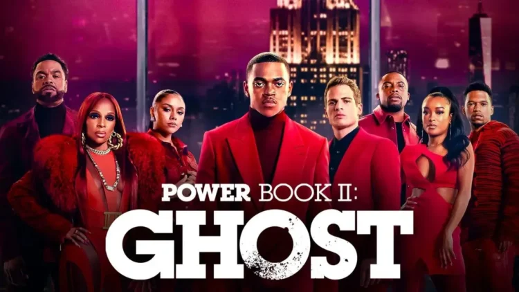 The cast of "Power Book II: Ghost" stands against a cityscape at night, all dressed in striking red and black attire, as they prepare for the thrilling series finale centered around Tariq and Tommy.
