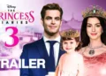 Poster for "The Princess Diaries 3" trailer featuring Anne Hathaway as a woman in a pink dress with a crown, alongside a man in a suit and a young girl wearing her own crown.