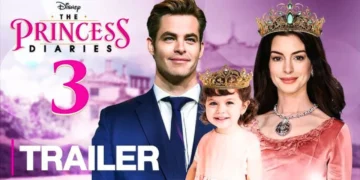 Poster for "The Princess Diaries 3" trailer featuring Anne Hathaway as a woman in a pink dress with a crown, alongside a man in a suit and a young girl wearing her own crown.