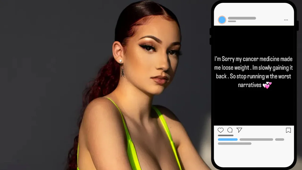 A woman with red hair in a neon top stands next to a smartphone displaying a message about weight changes due to cancer treatment, echoing Bhad Bhabie's journey and rejecting negative narratives.