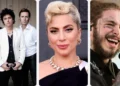 Three side-by-side images: a rock band trio, a woman with blonde hair in a formal outfit, and a man with tattoos laughing on stage. Could this be a teaser for the Coachella 2025 lineup? Fans eagerly await any hints before the Coachella ticket presale begins.