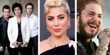 Three side-by-side images: a rock band trio, a woman with blonde hair in a formal outfit, and a man with tattoos laughing on stage. Could this be a teaser for the Coachella 2025 lineup? Fans eagerly await any hints before the Coachella ticket presale begins.