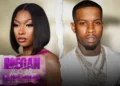 A split image shows a woman on the left with the text "Megan Thee Stallion in Her Words" and a man on the right, both set against a torn paper effect, hinting at key moments from her Amazon Documentary.