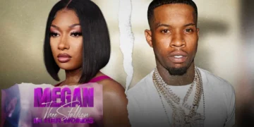 A split image shows a woman on the left with the text "Megan Thee Stallion in Her Words" and a man on the right, both set against a torn paper effect, hinting at key moments from her Amazon Documentary.