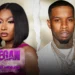 A split image shows a woman on the left with the text "Megan Thee Stallion in Her Words" and a man on the right, both set against a torn paper effect, hinting at key moments from her Amazon Documentary.