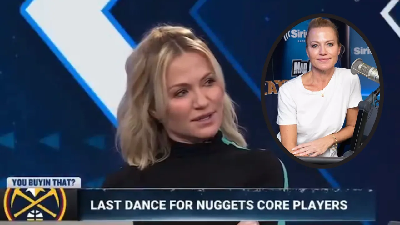 In a lively TV studio, Michelle Beadle delves into the future of the Nuggets core players. An inset captures her spirited presence at a FanDuel radio event, highlighting her passion for sports analysis.