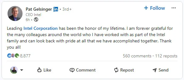 LinkedIn post by Intel's CEO Pat Gelsinger expressing gratitude and pride in accomplishments with colleagues at the tech giant.