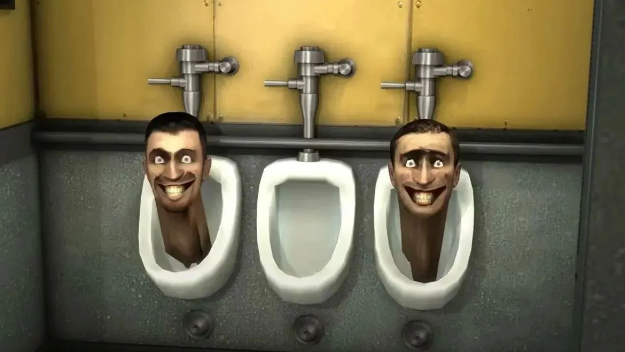 Three urinals with animated, smiling faces brighten up the bathroom in a humorous Skibidi Toilet Skins Set scene.