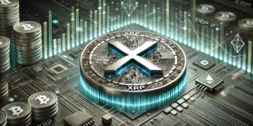 Futuristic digital graphic depicting XRP and Bitcoin symbols on a circuit board, surrounded by Solana and other cryptocurrency icons, all glowing with vibrant energy that embodies the dynamic spirit of the cryptocurrency market.
