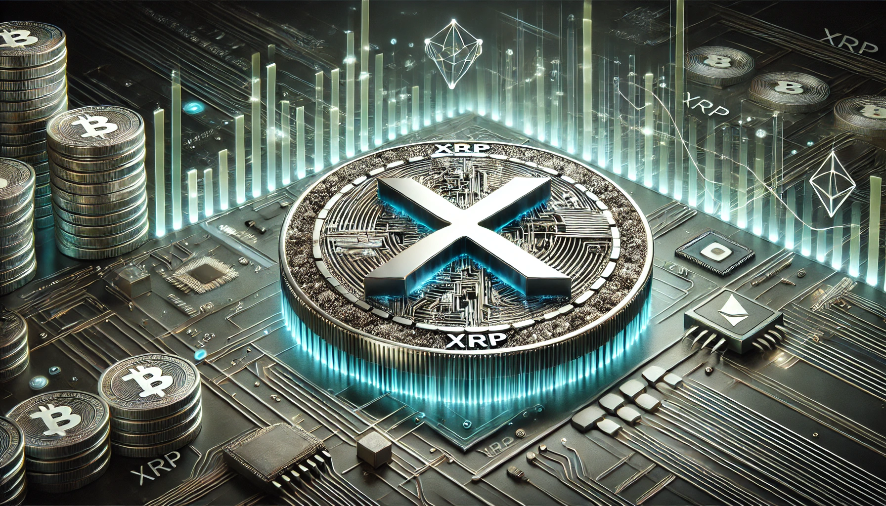 Futuristic digital graphic depicting XRP and Bitcoin symbols on a circuit board, surrounded by Solana and other cryptocurrency icons, all glowing with vibrant energy that embodies the dynamic spirit of the cryptocurrency market.