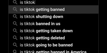 The image displays search suggestions related to TikTok's journey, including queries about the potential TikTok ban or it being shut down.