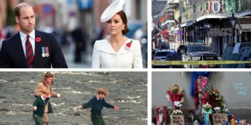 Four images: a formally dressed couple seemingly reminiscent of a Royal Family appearance, a lively Bourbon Street scene, three children crossing a stream, and a somber memorial site with flowers and candles honoring a British victim.